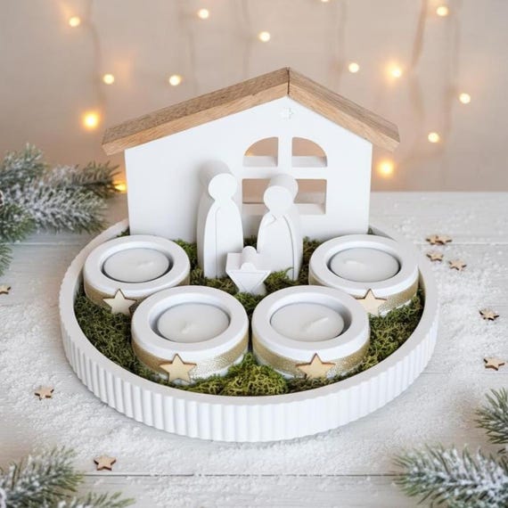 Einzigartiger Adventskranz, 22 cm, Dekoschale, Tablett, Adventsgesteck, Dekotablett, Adventsschale, Weihnachtskrippe, Krippenfiguren, Rillen