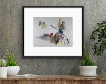 Puede incluir: Pintura abstracta de acuarela en un marco negro con un passe-partout blanco. La pintura presenta una mezcla de colores, incluyendo rojo, amarillo, azul y marrón. La pintura está sobre un fondo blanco y tiene un aspecto texturizado.