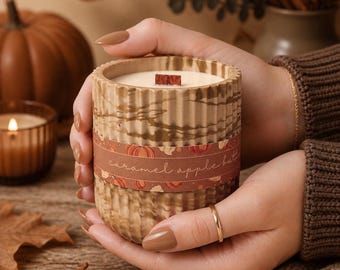 Vela de soja con aroma a crema de mantequilla y manzana acaramelada: decoración otoñal para el hogar, mecha de madera crepitante.