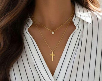 Minimalistische Doppelketten-Verlängerungskette mit Kreuzanhänger und Zirkonia, 18 Karat vergoldeter Edelstahl, wasserdicht