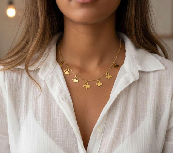 Collar ajustable de cuentas mariposas pulidas de acero inoxidable oro 18K PVD Waterproof tarnish-free