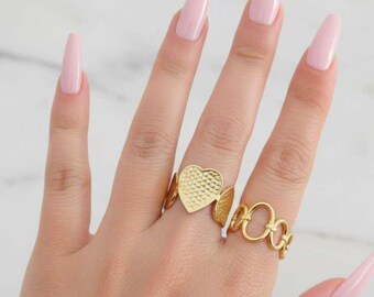 Set of 2 adjustable open heart rings and hoops in 18K gold-plated stainless steel, waterproof and tarnish-free