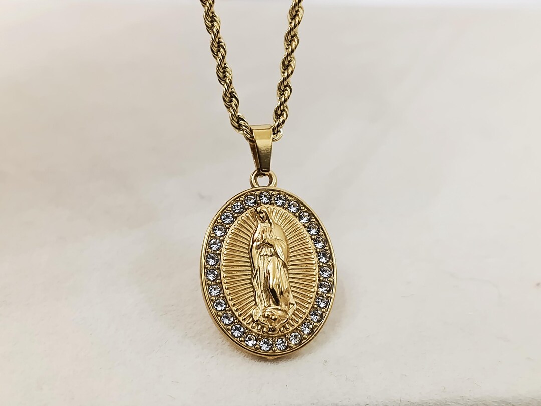 Virgin Mary Medal Necklace With Cubic Zirconia, 18K Gold Plated ...