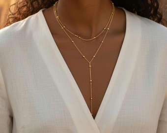 Long Double Layer Necklace with Sparkling Beads - 18K Gold Plated Stainless Steel, Waterproof, Tarnish-Free