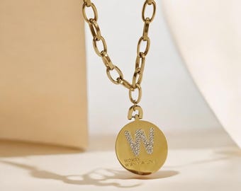 Adjustable chunky chain necklace with coin pendant and cubic zirconia, stainless steel, 18K gold plated, PVD waterproof, tarnish free