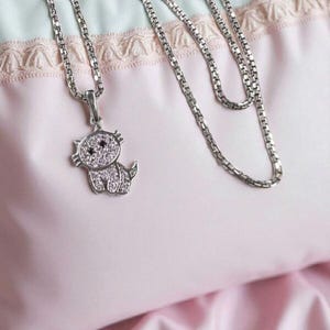 Solid platinum Pt950 small cat Pendant charm with Moissanite Diamond / Solid platinum exquisite dazzling pendant for girls daily wear