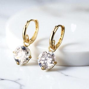 Real 14K solid gold hoop earrings Four-prong moissanite charm,Au585 gold dangle earring for women daily wear,9K gold,10K gold