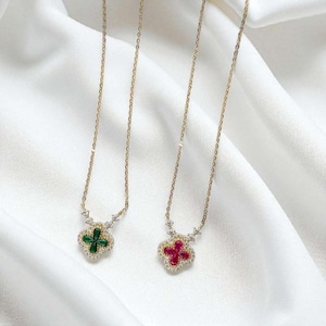 Real 14K solid gold tiny heart pendant zircon charm, 9K solid gold fully dazzling clover charm with 9K solid gold delicate chain