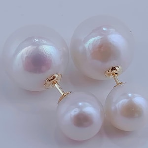 18K solid gold Double pearl earrings,large freshwater pearl