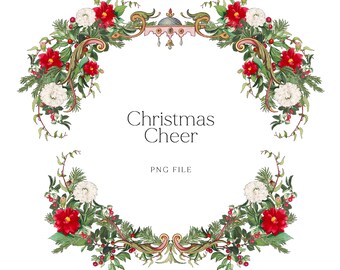 May include: A Christmas wreath featuring red and white flowers, green foliage, and gold embellishments. The wreath has a decorative top with a pink and gold design. The text "Christmas Cheer" and "PNG FILE" is printed in the centre of the wreath.