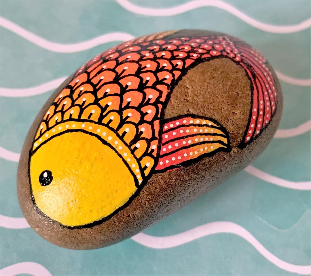 Hand Painted Pebble / Stone / Rock - Red Orange Fish - Etsy UK