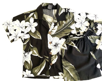 Boy's Cabana Hawaiian Shirt and Short Set in White & Black Floral, Toddler Boy's Aloha Set, Aloha Shirt and Short Set, Boy's Aloha