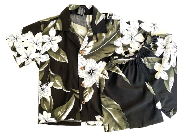 Boy's Cabana Hawaiian Shirt and Short Set in White & Black Floral, Toddler Boy's Aloha Set, Aloha Shirt and Short Set, Boy's Aloha