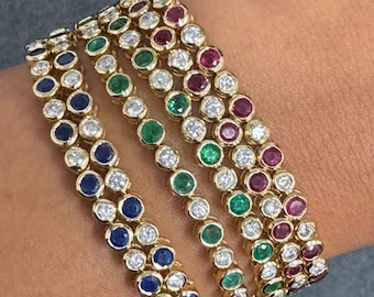 14k Gold Diamond Bracelet: Emerald, Ruby & Sapphire Accents
