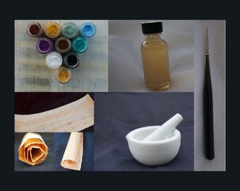 EGYPTIAN SCRIBE Starter Kit - dry pigments, gum arabic, mortar and pestle, brush, papyrus, recipes, primer