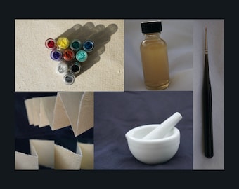 MAYA SCRIBE Starter Kit - dry pigments, gum arabic, mortar and pestle, brush, handmade Mayan paper, recipes, primer