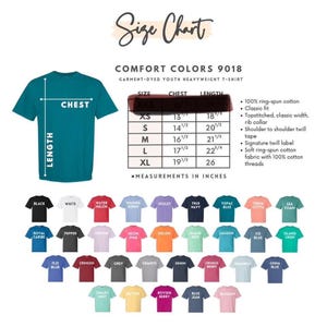 May include: A teal t-shirt with a size chart and color options. The size chart shows chest and length measurements in inches for sizes XS to XL. The color options include black, white, and various other colors.