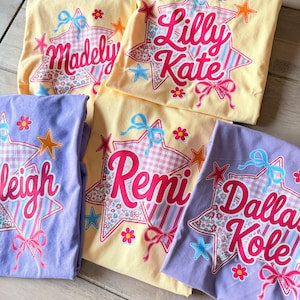 Custom Name Bubble Romper, Personalized Kids Shirt, Girls Comfort Colors Tee, Sibling Matching Outfit, Boutique Floral Star Shirt