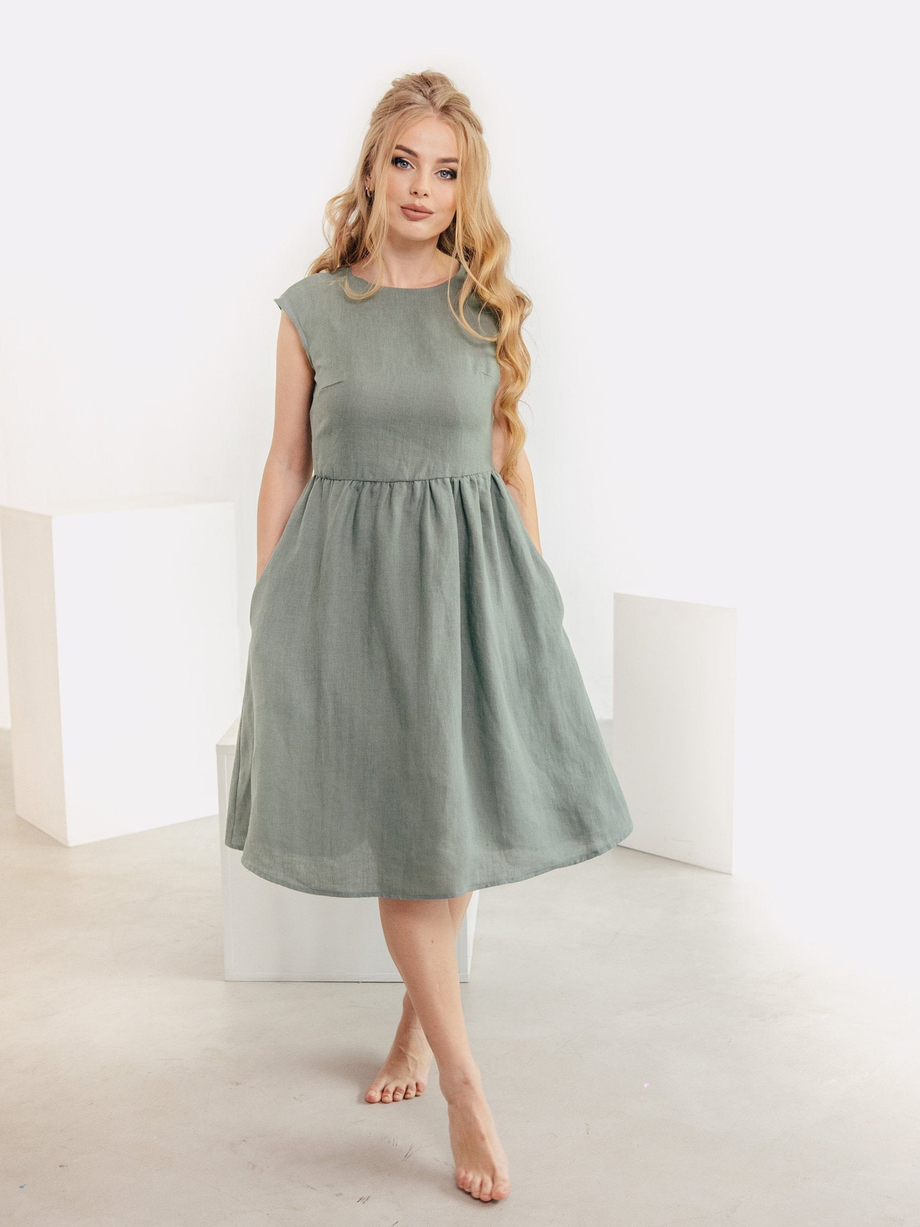 Khaki Linen dress Simple linen dress Smock dress Everyday Etsy