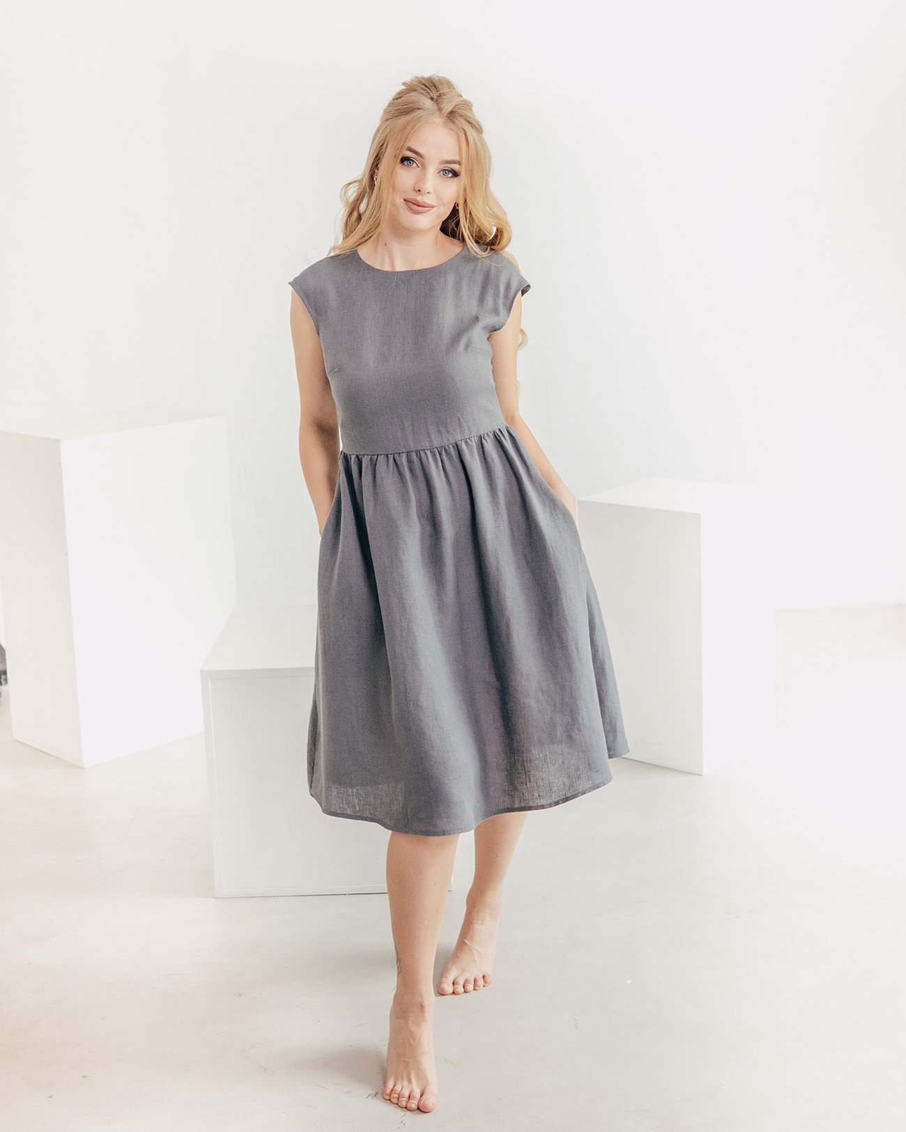 Khaki Linen dress Simple linen dress Smock dress Everyday Etsy