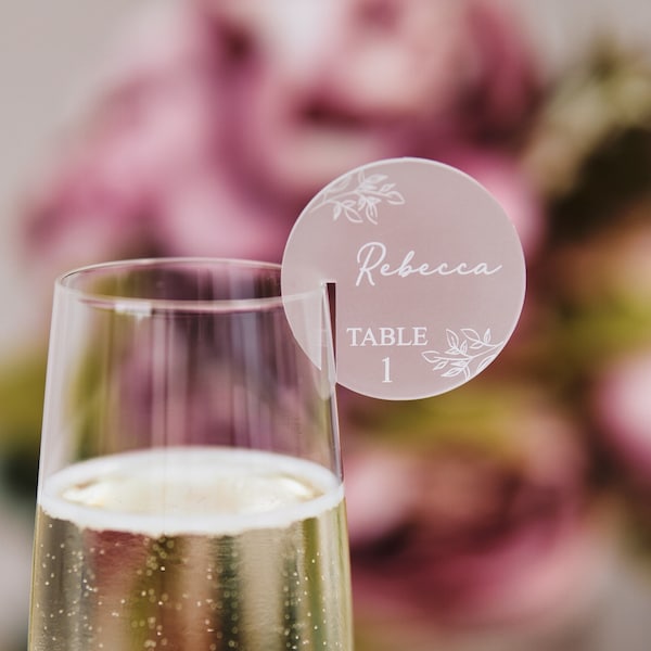 Wedding Name Cards For Glass with Table Number Floral Wedding Table Decorations Favours Seating Card Acrylic Wine Glass Escort Card Charm