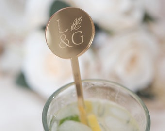 Personalized Wedding Drink Stirrers, Engraved Initials Cocktail Toppers