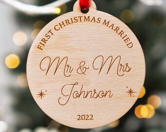 Adorno navideño personalizado para la primera Navidad de casados, regalo para el Sr. y la Sra.