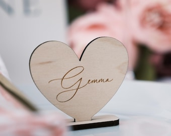 Personalised Heart Place Name Card with Stands, Wood or Acrylic Custom Table Setting Place Names for Weddings, Wedding favours