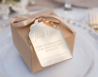 Etiquetas personalizadas em acrílico espelhado para lembrancinhas de casamento, presente de agradecimento.