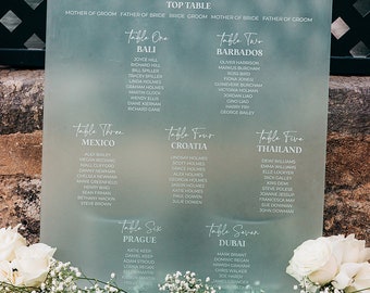 May include: A light blue seating chart with white text lists tables and guests for a wedding reception. The tables are named after different countries and cities, including Bali, Barbados, Mexico, Croatia, Thailand, Prague, and Dubai.