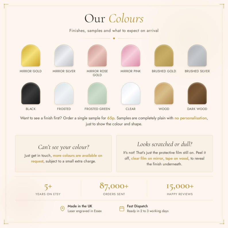 May include: A color chart displaying twelve arch-shaped material samples labeled Mirror Gold, Mirror Silver, Mirror Rose Gold, Mirror Pink, Brushed Gold, Brushed Silver, Black, Frosted, Frosted Green, Clear, Wood, and Dark Wood with instructional text.