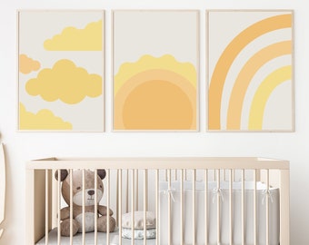 Nursery digital art print set of 3 bright nursery art nursery sun and rainbow wall art for playful nursery printable art