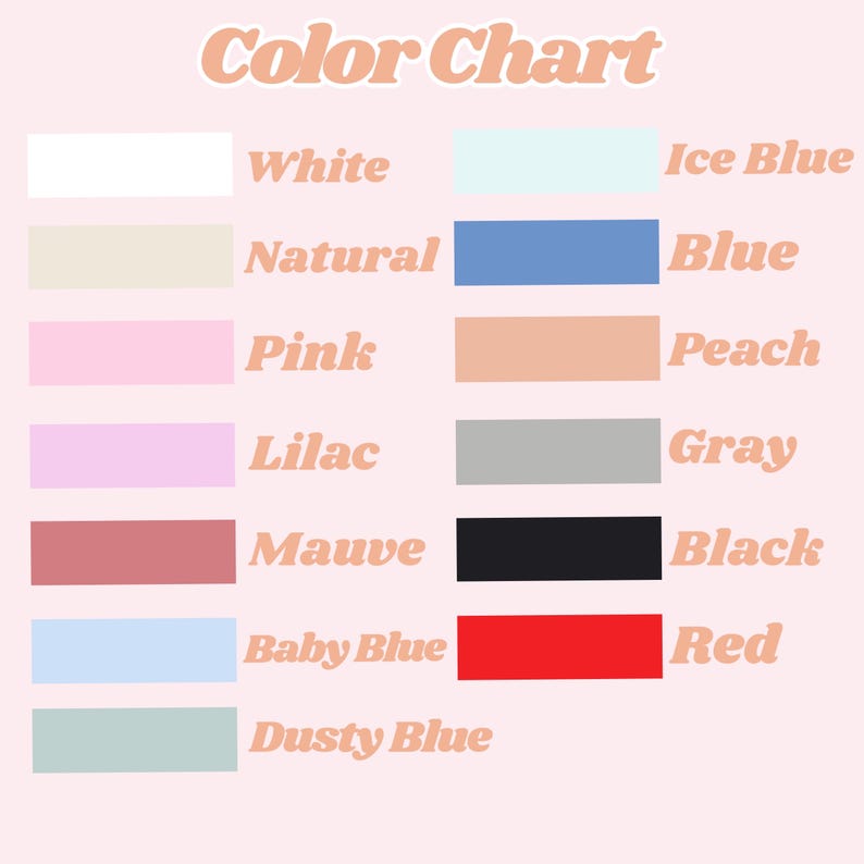 Puede incluir: Una carta de colores sobre un fondo rosa claro. La tabla muestra muestras de color con nombres como Blanco, Natural, Rosa, Lila, Malva, Azul Beb&eacute;, Azul Polvoriento, Azul Hielo, Azul, Melocot&oacute;n, Gris, Negro y Rojo.