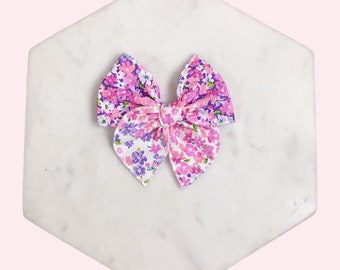Floral pink purple hair bow, hair bow, hair clip, girl bows, baby headband, fable bow, hemmed bow, baby bow