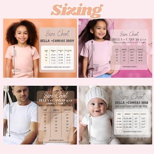 Puede incluir: Imagen que muestra tablas de tallas para varias camisetas y bodies Bella + Canvas. Las tablas incluyen medidas en pulgadas para tallas de j&oacute;venes, ni&ntilde;os peque&ntilde;os, unisex y beb&eacute;s. La palabra "Sizing" est&aacute; en la parte superior de la imagen.