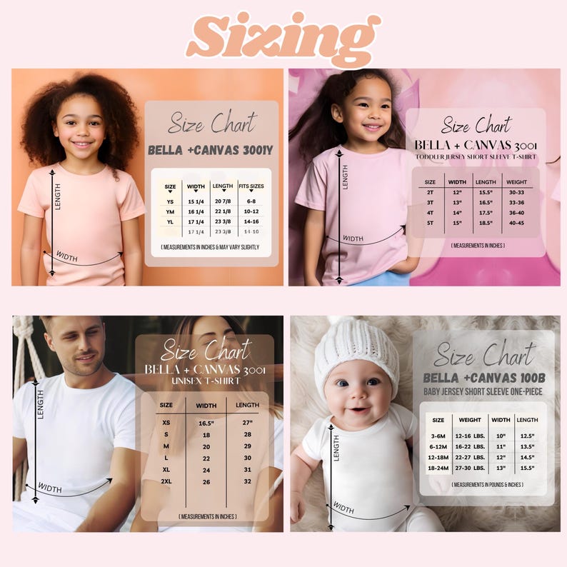 Puede incluir: Imagen que muestra tablas de tallas para varias camisetas y bodies Bella + Canvas. Las tablas incluyen medidas en pulgadas para tallas de j&oacute;venes, ni&ntilde;os peque&ntilde;os, unisex y beb&eacute;s. La palabra "Sizing" est&aacute; en la parte superior de la imagen.