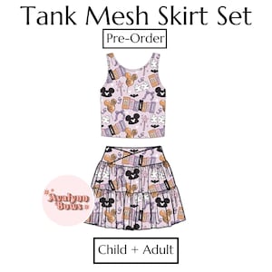 May include: A light purple tank top and mesh skirt set with a repeating pattern of Mickey Mouse heads, bats, and the word "magical". The skirt has a tiered design. The text "Tank Mesh Skirt Set" and "Pre-Order" are visible.