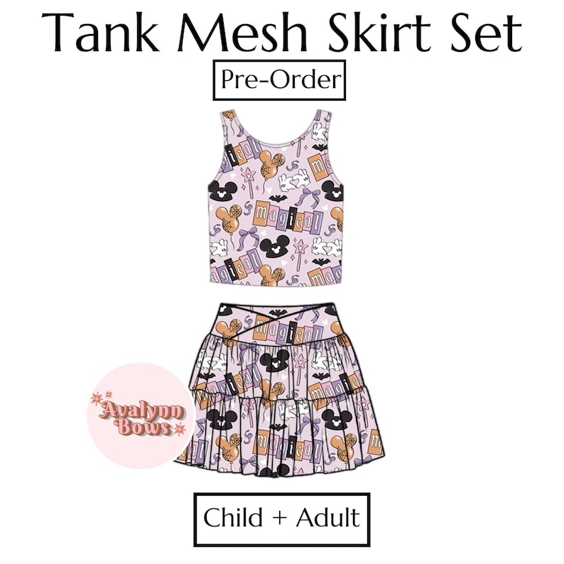 May include: A light purple tank top and mesh skirt set with a repeating pattern of Mickey Mouse heads, bats, and the word "magical". The skirt has a tiered design. The text "Tank Mesh Skirt Set" and "Pre-Order" are visible.