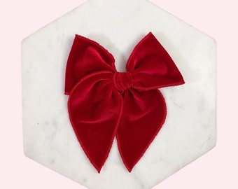 Red velvet hair bow, Christmas bow, holiday bow, baby bow, hair clip, baby headband, fable bow