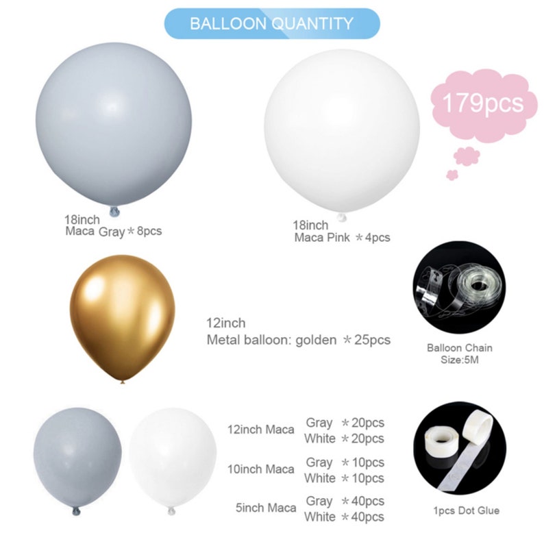 179PCS Balloon Garland Arch Kit Macaron Gray White Metallic - Etsy