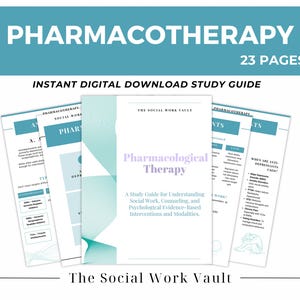 Może przedstawiać: Cyfrowy przewodnik do nauki zatytułowany "Pharmacological Therapy" z 23 stronami. Okładka zawiera tytuł w miękkim fioletowym odcieniu, z turkusowo-białym wzorem. Przewodnik ma na celu zrozumienie pracy socjalnej, poradnictwa i interwencji psychologicznych.
