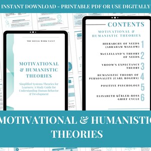 May include: Two digital tablets displaying educational content. One tablet shows the title "MOTIVATIONAL & HUMANISTIC THEORIES" and the other displays a table of contents. The tablets are surrounded by related documents. The text "INSTANT DOWNLOAD - PRINTABLE PDF OR USE DIGITALLY" is at the top.