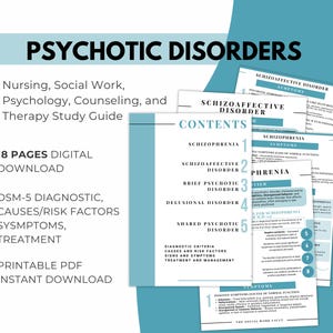 Könnte beinhalten: Ein digitales Studienhandbuch mit dem Titel "Psychotic Disorders" in einem türkis-weißen Design. Der Leitfaden behandelt Themen wie Schizophrenie und enthält Texte wie "DSM-5 Diagnostic, Causes/Risk Factors, Symptoms, Treatment". Es ist ein druckbares PDF mit 18 Seiten.