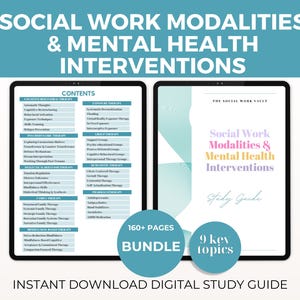May include: Digital study guide titled "Social Work Modalities & Mental Health Interventions." The guide features a contents page and a cover page with text and graphics. Includes 160+ pages and 9 key topics. Instant download.