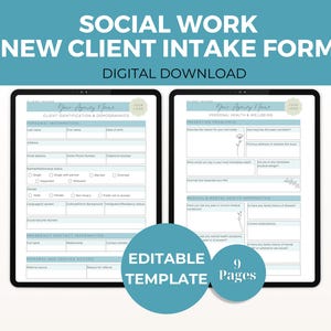 May include: Two digital tablets showing a social work new client intake form. The form includes sections for client identification, demographics, personal health, and well-being. The image also includes the text "DIGITAL DOWNLOAD" and "EDITABLE TEMPLATE".