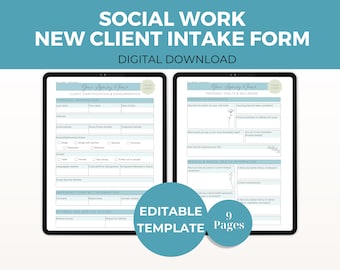 May include: Two digital tablets displaying a social work new client intake form. The form includes sections for client identification, demographics, personal health, and well-being. The image also includes the text "DIGITAL DOWNLOAD" and "EDITABLE TEMPLATE".