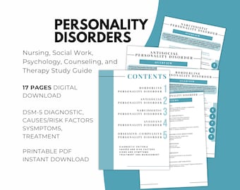 May include: A study guide for personality disorders, including topics like nursing, social work, and psychology. The guide is a 17-page digital download in PDF format, covering DSM-5 diagnostic criteria, causes, symptoms, and treatment.