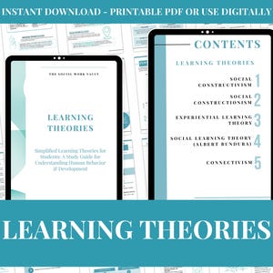 May include: Two digital tablets displaying educational content. One shows a cover titled "Learning Theories" with the subtitle "Simplified Learning Theories for Students." The other tablet displays a table of contents, including "Social Constructivism" and "Experiential Learning Theory."