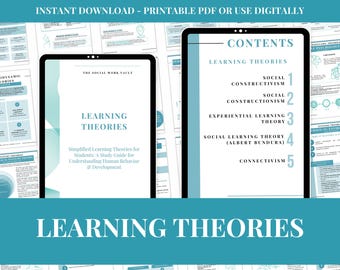 Guía de estudio de trabajo social, teorías del aprendizaje, teorías de psicología, recursos para exámenes LCSW y LMSW, apuntes de salud mental, hoja de referencia de trabajo social (9 páginas)