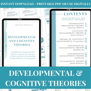 Puede incluir: Dos tabletas digitales que muestran una guía de estudio titulada "Teorías del desarrollo y cognitivas". La guía cubre temas como el procesamiento de la información, el desarrollo cognitivo y el desarrollo psicosocial. El texto está en color turquesa y blanco.